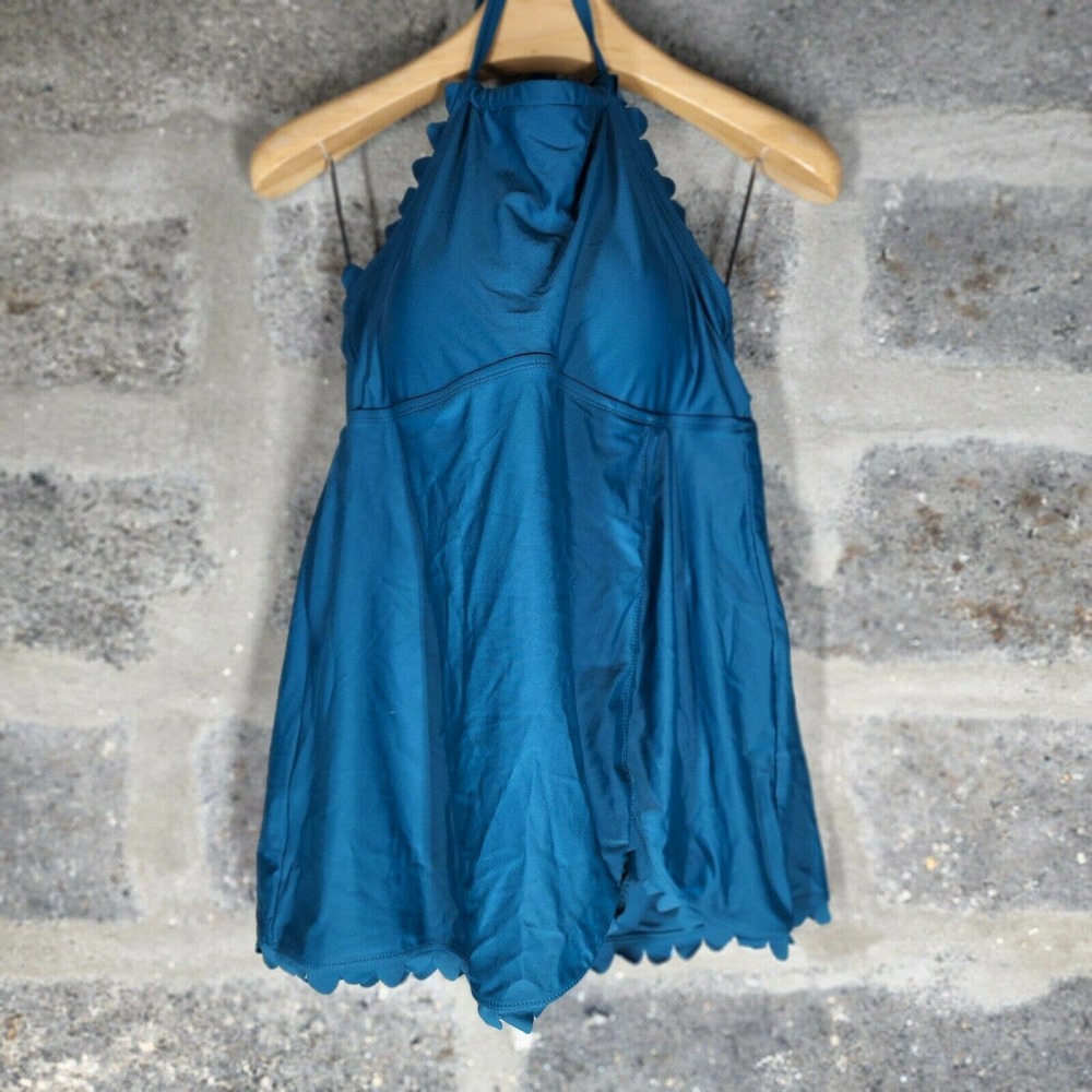 SEA & SAND BEACHWARE sz 18W teal one piece swim suit skirted front tie neck